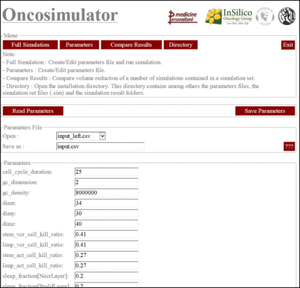 A screenshot of the Oncosimulator